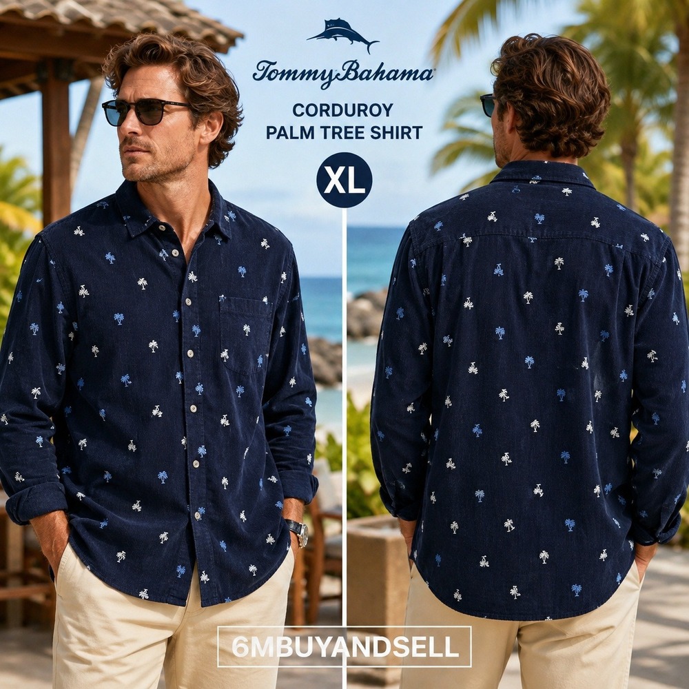 Tommy Bahama Mens XL Navy Blue Corduroy Palm Tree Embroidered Button Down Shirt